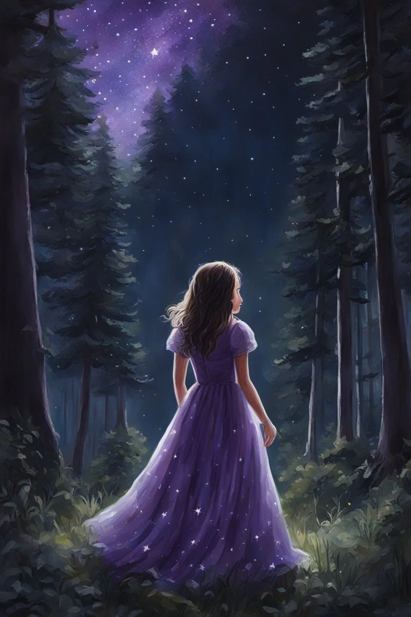 Painting of a girl in a purple dress in the forest, night, shining stars