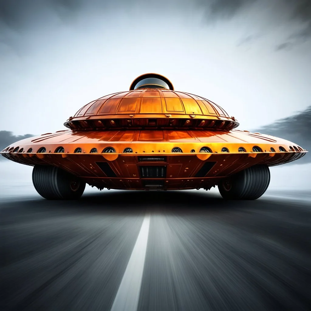 award winning photograph of a steampunk house-fly ufo genetic-splice designed by only one vehicle per image painted metallic orange traveling at a high rate of speed, jet intake off of front center of vehicle and jet exhaust out the rear bilaterally symetrical, more a high speed road vehicle