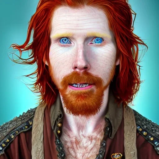 Portrait of Courtney Gains as a ruggedly handsome, joyful, roguish pirate, charismatic, attractive male, masculine, perfect teeth, precisely detailed clear eyes, softly freckled face, unblemished, flawless skin; meticulously detailed multi-hued ginger carrot colored cherry fire red hair; fantasy, intricate, elegant, highly detailed, digital painting, concept art, matte, sharp focus, illustration, art by artgerm and greg rutkowski and alphonse mucha