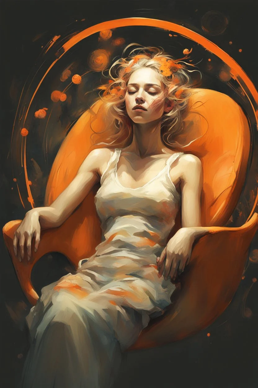 An ethereal, futuristic illustration of a woman in a state of musical immersion, with her eyes closed and a serene expression. She sits in a living chair that is alive with organic shapes and glowing orange elements, ready to embrace her. The background is soft and surreal, contributing to the otherworldly mood., by Ryohei Hase, Agnes Cecile, Raymond Swanland, Anne Bachelier