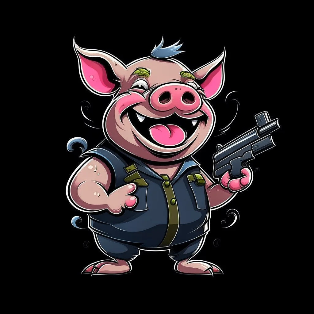 Little pig laughing, armed with a gun, cartoon style, James Bond style, vivid and dark colors, transparent background, 32k UHD