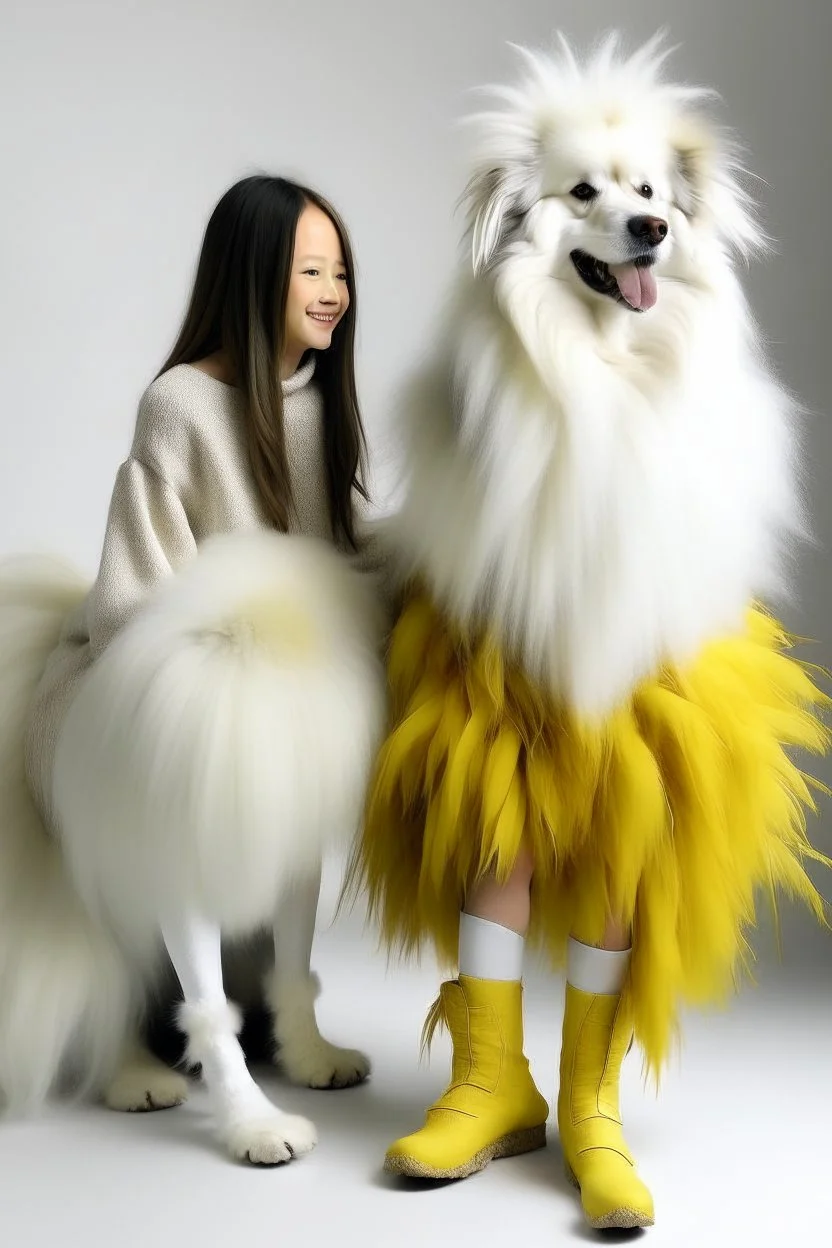 Giant white dog in a feather dress, next to a girl in a yellow sweater, a gray skirt, white stockings and black shoes, both facing the front in the photo. white background, 16K, real photography, portrait., like in Alice in wonderland