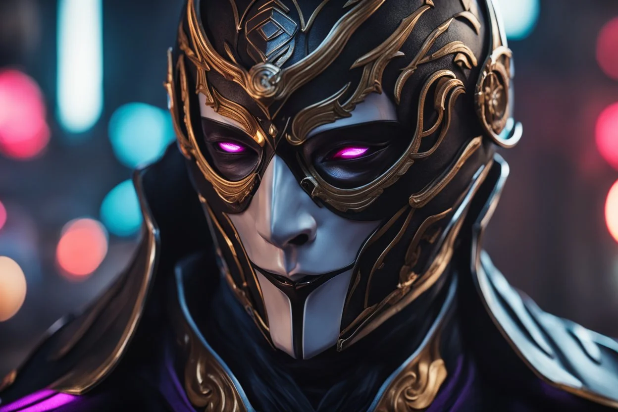 Jhin in 8k live action artstyle, black mask, normal eyes, close picture, neon lights, intricate details, highly detailed, high details, detailed portrait, masterpiece,ultra detailed, ultra quality