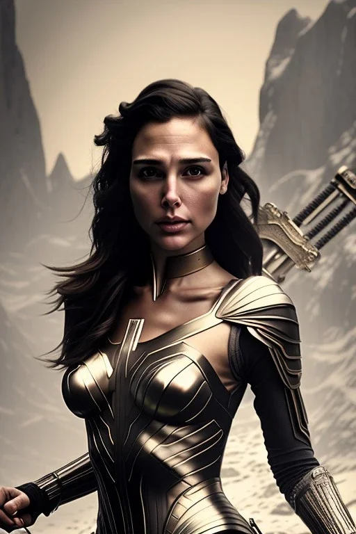 A highly detailed portrait of Gal Gadot's character running as a berserker captures the attention of all who pass by. The image shows the character with no face, wearing a black jogging suit and sprinting through the night in the Alps. The character is holding a handful of coins and is surrounded by an angelic background and volumetric gold light. The image also features a dark leafy tree and dark mountains in the background, adding to the mood and atmosphere of the piece. The image is styled in