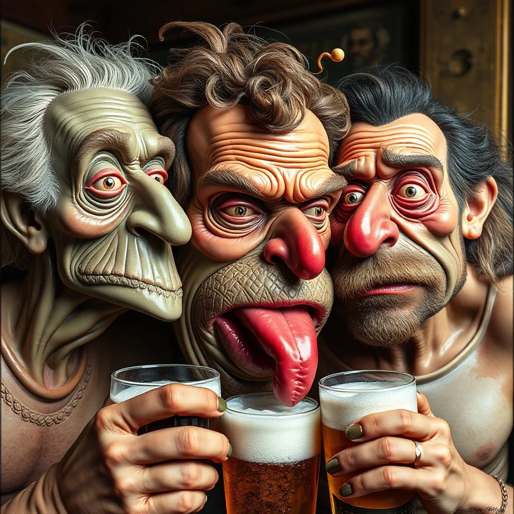 The oddest coagulation and mixture of friends, glossy finish, beer, details very accentuated, stunning style, oniric, Max Ernst, hyperphotography, kiuy, blatant, gross, caricature, very funny