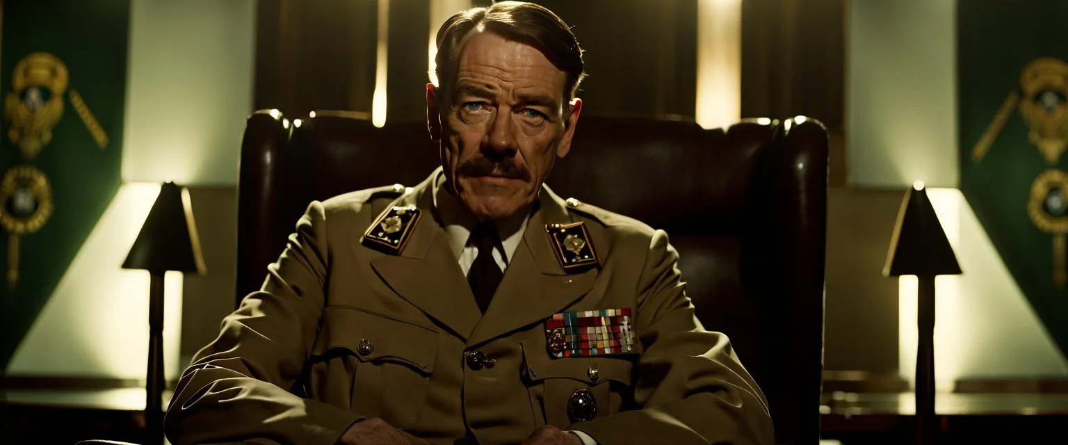 Bryan Cranston as Hitler, cinematic, Fuji Film, Anamorphic lens, 2040s, deep depth of field, Solarpunk