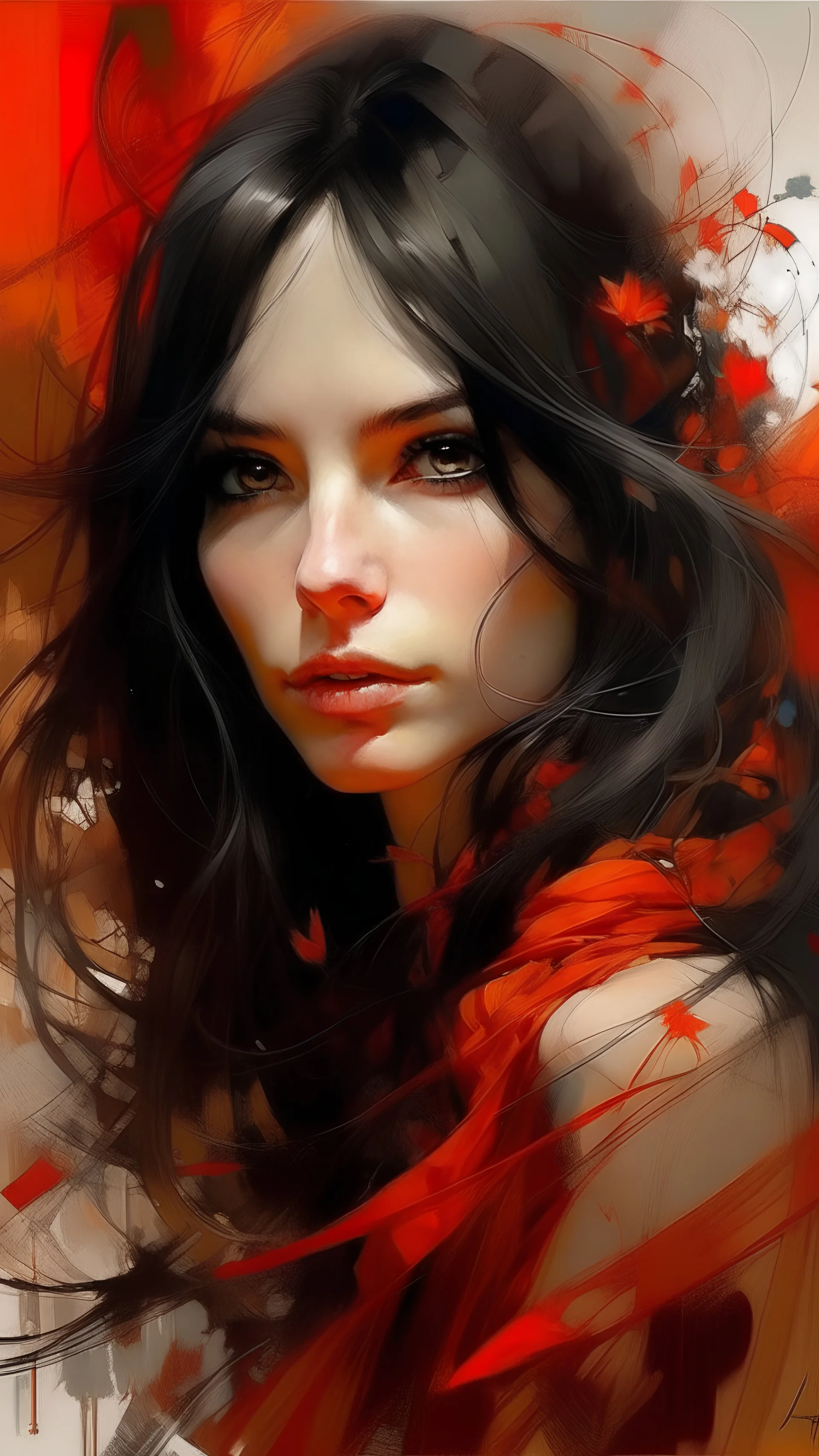 oil and airbrush painting portrait of a beautiful young woman with long black hair, hazel eyes, cute thin lips, in orange and red artistic ambrodery saree, art by Greg Rutkowski, WLOP, Alphonse Mucha, Louis Royo, Frank Frazetta, Jeremy Mann and Russ Mills
