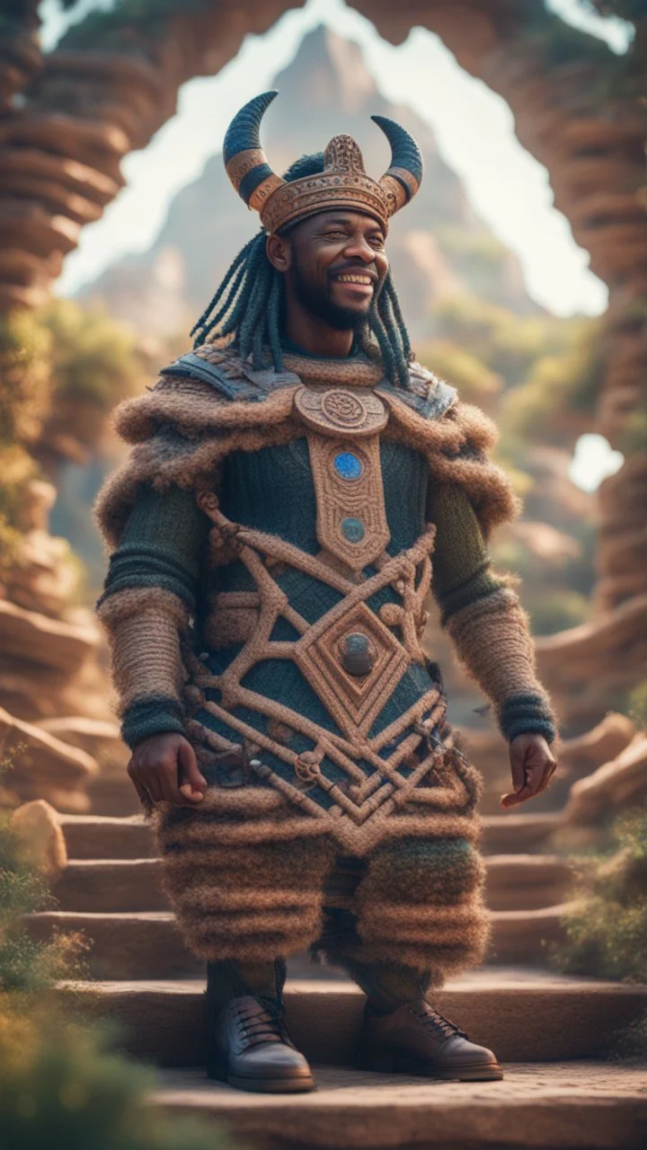 close up portrait of a happy blessed ancient magical king buffalo soldier standing on a desert throne in a space alien mega structure with stairs and bridges woven into a sacred geometry knitted tapestry in the middle of lush magic forest, bokeh like f/0.8, tilt-shift lens 8k, high detail, smooth render, down-light, unreal engine, prize winning