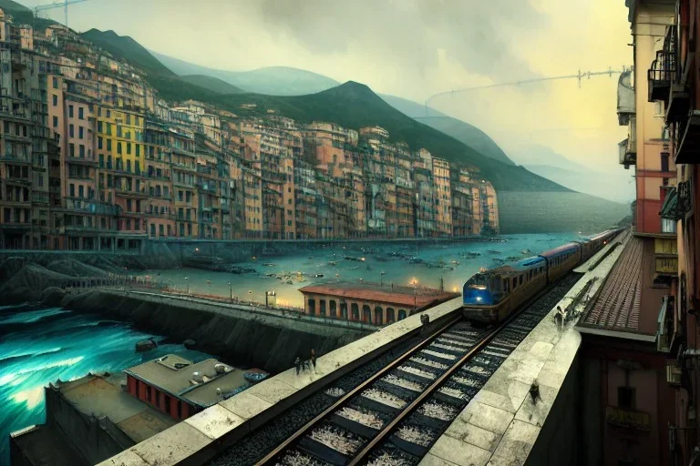 Train+Close up Train head+ corner metro station+Elevated Train pass+trains+corner building on sea+riomaggiore+corniglia+genoa street+Italian medieval town+sea+alphonse mucha, greg rutkowski,matte painting, cryengine, hyper detailed, felix kelly, fantasy art, seb mckinnon