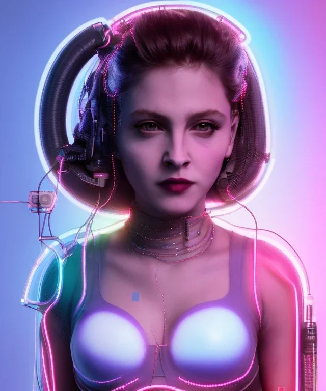 Artist, young madonna, android woman, glow iris, piercings, sweet, gringer, white skin, long eyeliner, purpurin pink cheeks, glossy lips, color leds lights, cables, short hair, circuits, cyberpunk, latex coat, cyber punk, neon, portrait, studio photo, unreal engine 5, soft color, 16 bit, god lights, ray tracing, RTX, lumen lighting, ultra deatail, volumetric lighting, 3d, finely drawn, hd.