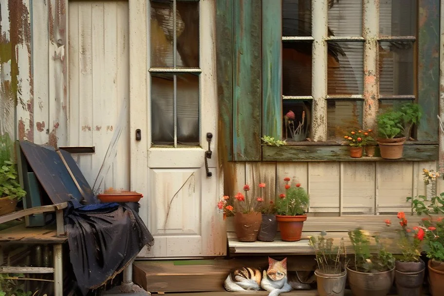 oil on roughened canvas, Textured Scumbling Technique, loose unstructured, Monet brush strokes. vintage feel. Old wooden Open housedoor with peeling paint, window next to door. An old woman with a curled sleeping cat beside her is sitting on an old tatty wooden bench. flowers, and pots. scruffy rundown pop hue of red