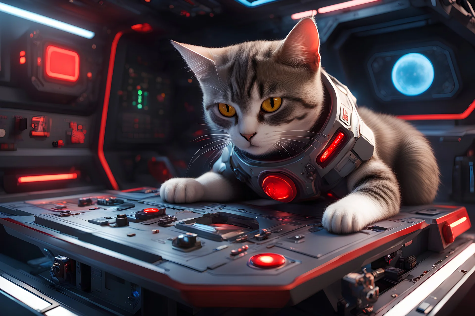 medium shot of a mischievous Cat hunched on complex spaceship console with a paw hovering over an ominous red button with warning signs around it, by greg Rutkowski, unreal engine 5, hyperrealistic, sharp focus, stock photo