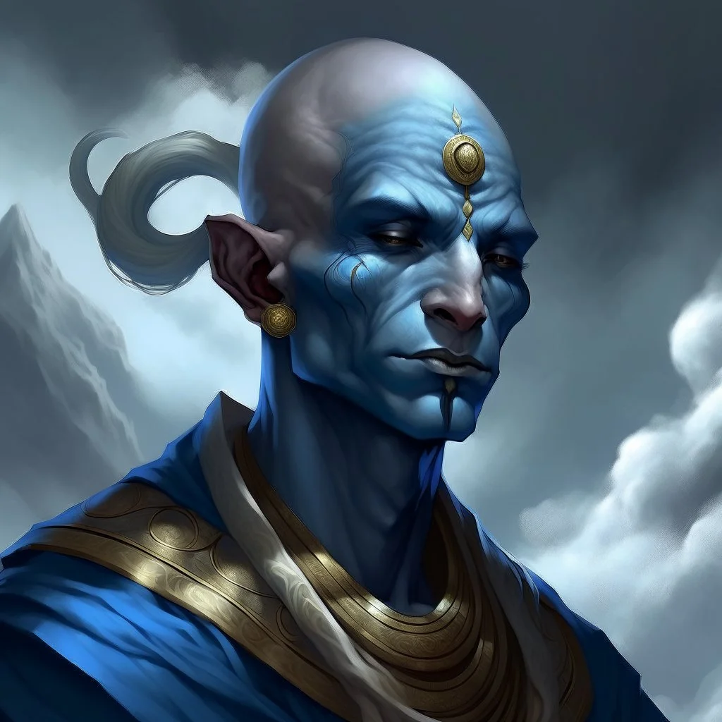 dnd, fantasy, cloud giant, portrait, face, close up, long face, slender face, blue skin, clean shaven, bald, ascended, elegant, angular features, light arabic clothes, exotic features
