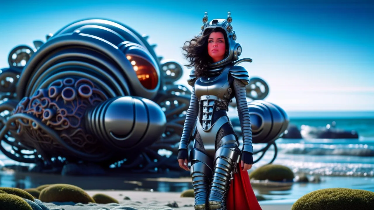 A woman with dark hair in a silver robotic catsuit, standing on a beach with a crashed spaceship in the water behind her, with flying mushrooms looking like parasols, with octopus tentacles in the air