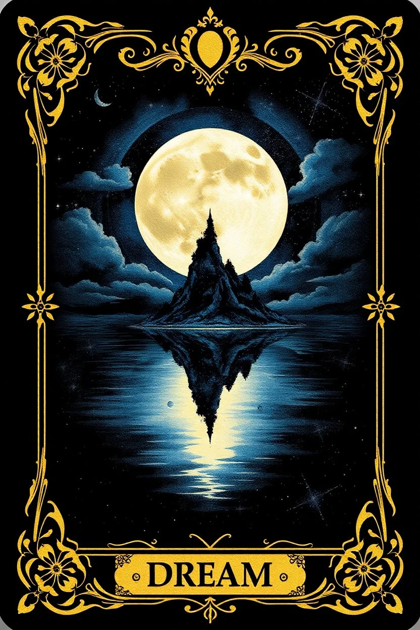 in center stunning colors and gold alcolhol ink tarot card (9:10 ratio) with 1 full moon and stunning fantasy fairy island, moon reflection, inscription at the bottom, text:"DREAM", dark sky, strars, occult forces, sharp focus, beautiful ornamentic frames on card, detalied, fantasy, black background