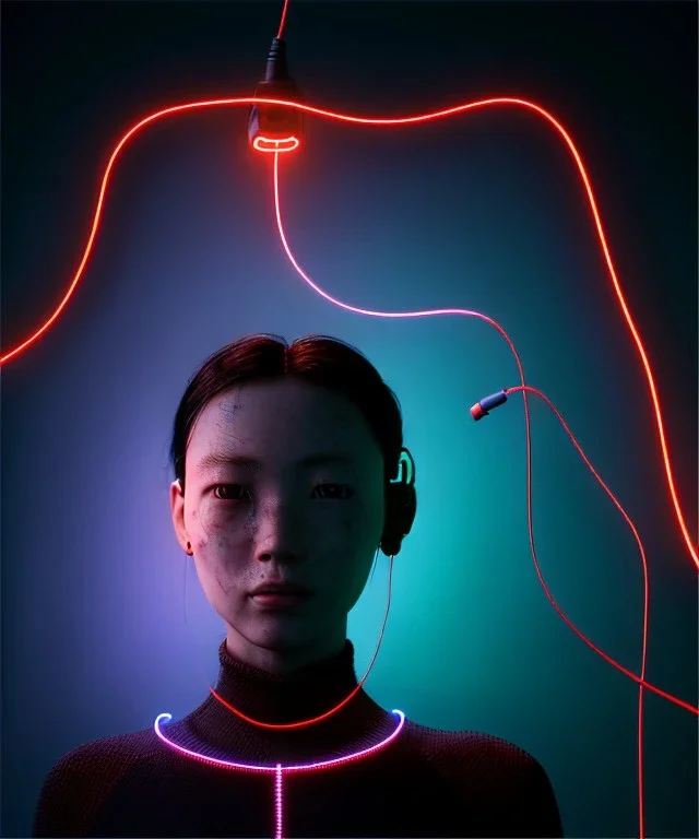 Ultra realistic photographic night portrait, cinematic, <3 Asian woman> <hanging wires> <retro computer screen> many wires coming out of the head <perfect pupil> <cyborg arm> <garage> <wide angle Shot> <sci-fi futuristic> <thriller>, neon lights, color fog, soft color, highly detailed, unreal engine 5, ray tracing, RTX, lumen lighting, ultra detail, volumetric lighting, high definition.