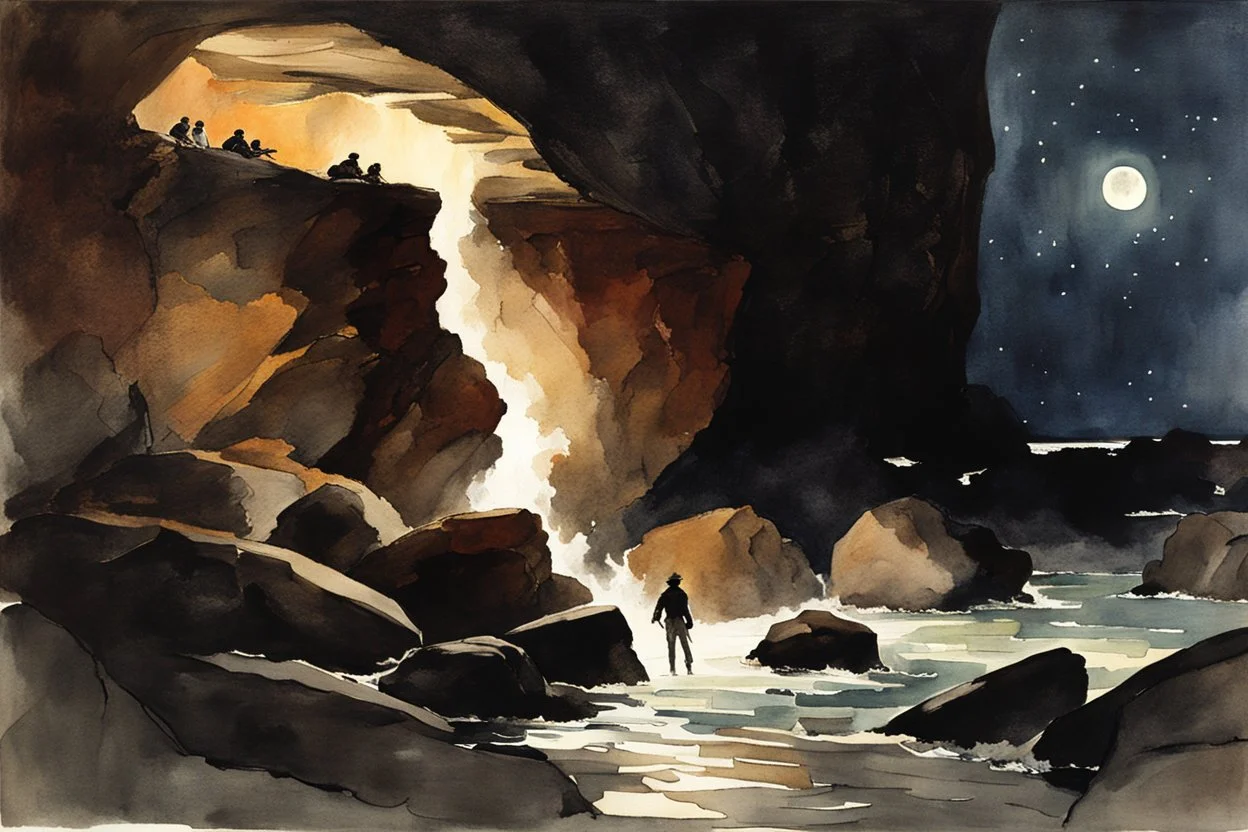 Night, rocks, cliffs, mountains, sci-fi, fantasy, winslow homer watercolor paintings