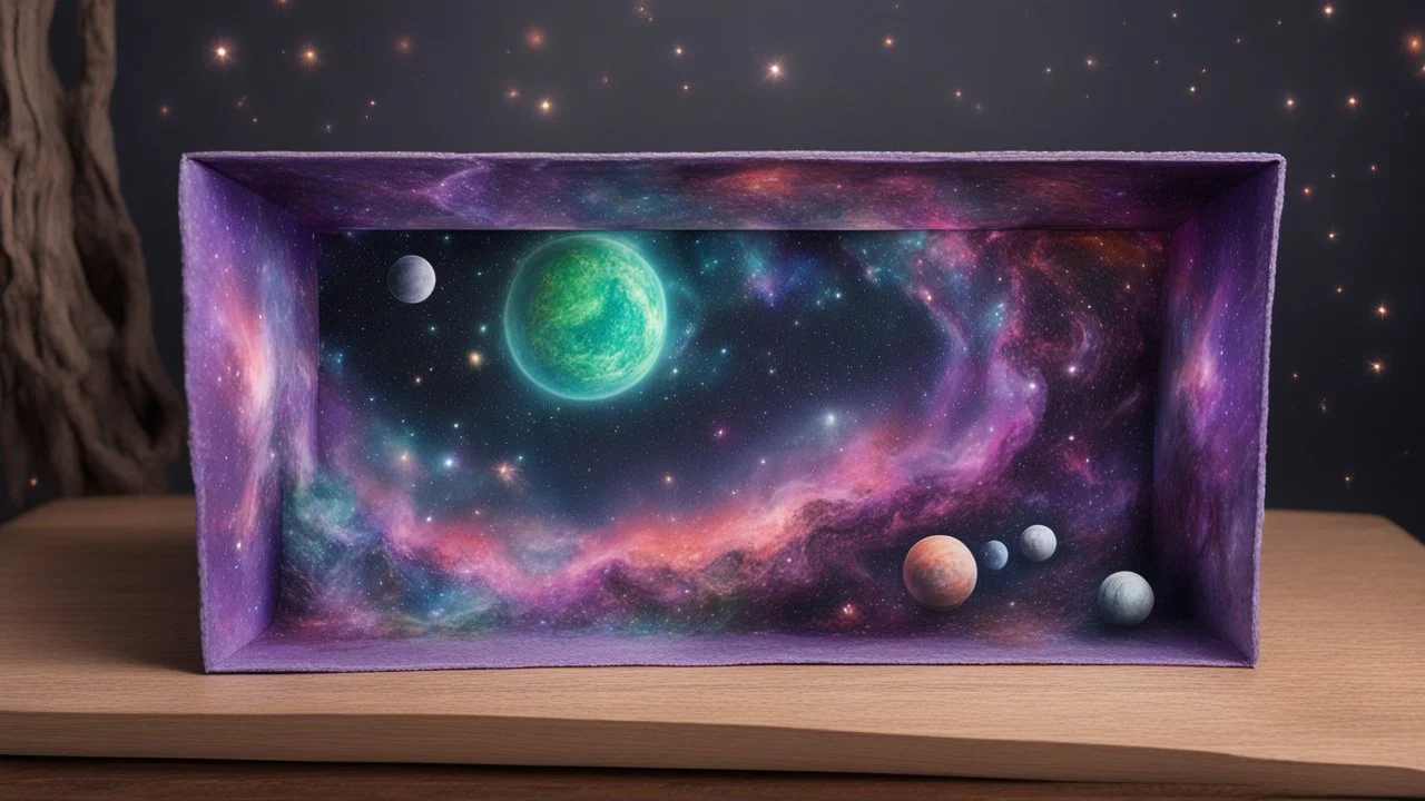 a box 10 cm long by 5 cm wide and 25 cm high, drawn on a box on all sides, space, tress, planets, butterfly nebula, crow galaxies a lot of colours purple, green and red, portal too others galaxy, realistic