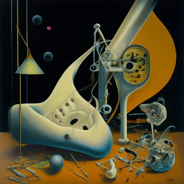 Abstract painting formed by a mix of human flesh-like surgical instruments and universe-like musical instruments,neuralink,minimalism,Painting By Adrian Ghenie, Rene Magritte, Salvador Dali, Lucian Freud