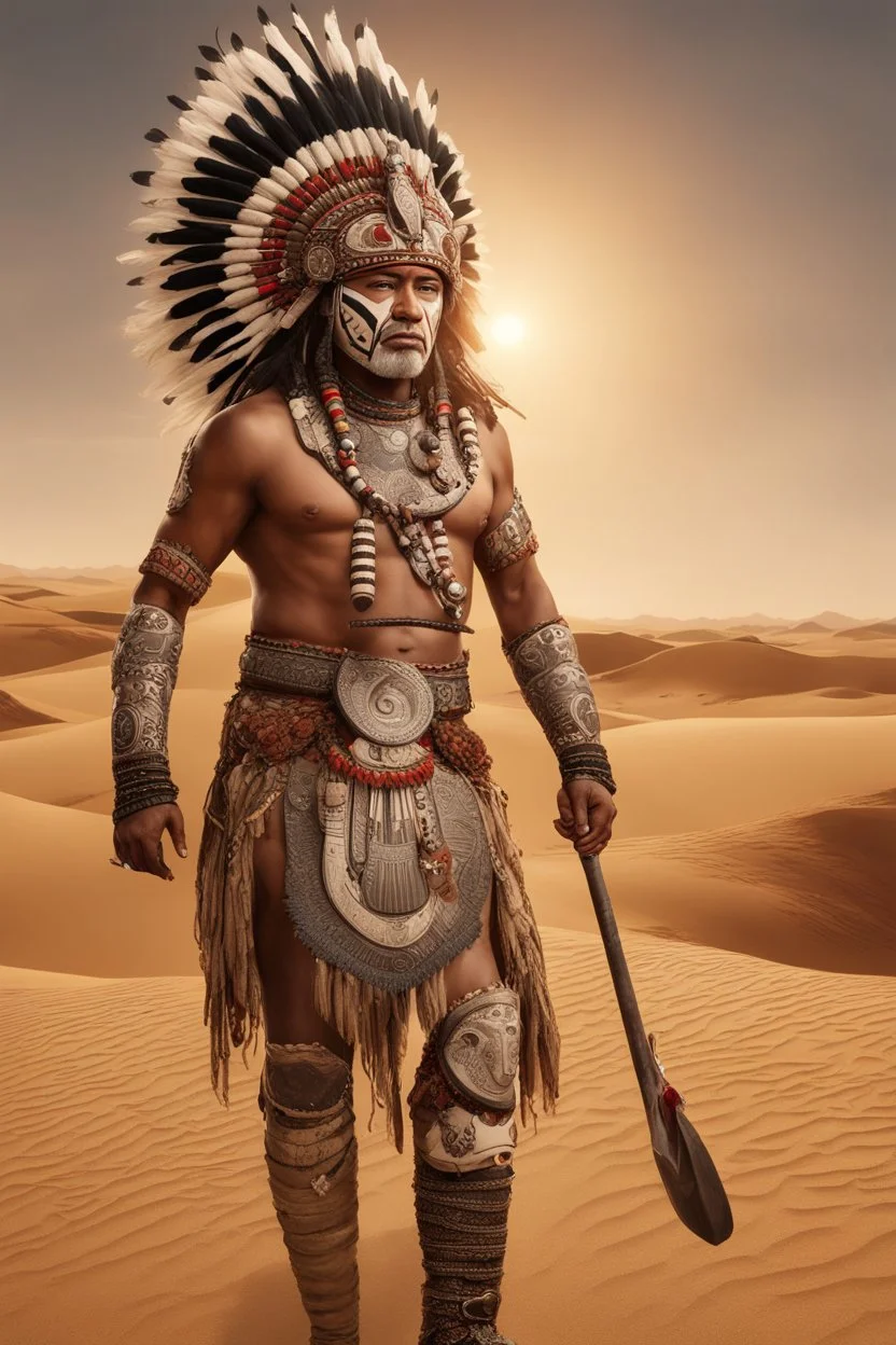 Full legs. Striking portrait of Nantli warrior as anthropomorphic puma, adorned with intricately designed traditional armor and headdress. His face, painted with black and white patterns, radiates a fierce and determined expression. A red sun adorns his headdress, symbolizing strength and power. The background, a vast, golden desert landscape, with a sun setting behind some rocky outcrops. 8k. Full body