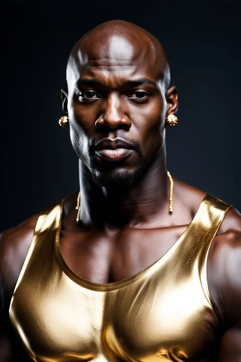 Portrait of a handsome dark skinned and muscular heavy set african man with a bald head and neatly trimmed beard wearing a gold earing