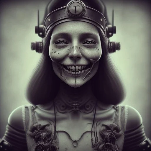 a cute smiling girl looking like a pirate with a tattoo in her face, michelangelo style, steam punk, scary, horror, realistic, made in octane, cinematic, ultra-realistic, extremely detailed octane rendering, 8K, VRAY Super Real ar 2:3, dof photorealistic futuristic 50mm lens hard lighting dark gray tintype photograph, realistic lighting, sephia colors