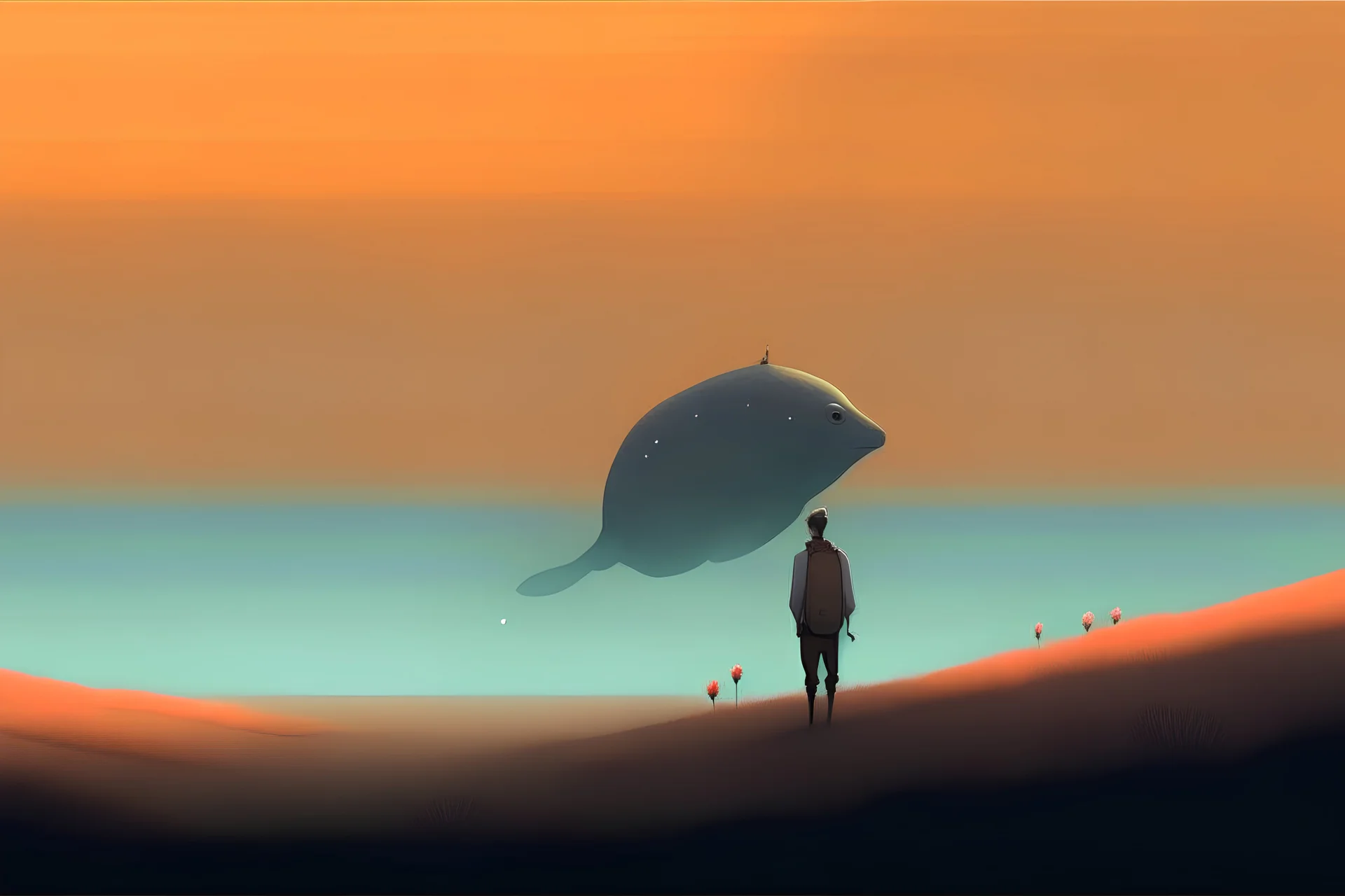 A man, a whale and a flower in the desert, warm colors, fog in the background, 16K,