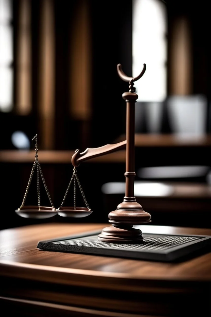 The scales of justice are placed on a desk with a person in the background