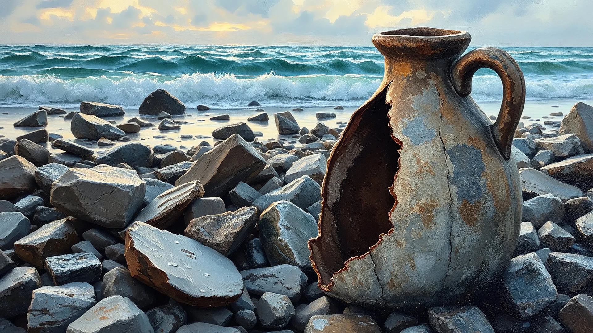 море шторм рассвет, камни все изъеденных морем, на берегу моря, и осколки очень старого разбитого глиняного кувшина, весь покрытый патиной ближний ракурс живопись маслом крупные мазки краски