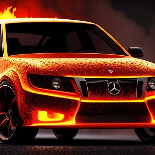 sweeping view of detailed phong shaded rendering of a car made of molten lava, headlights, bumpers