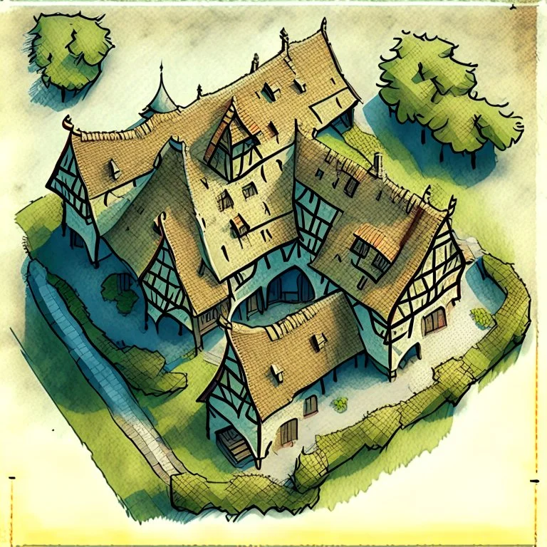 aerial view drawing of a medieval house in the style of art novel and torat