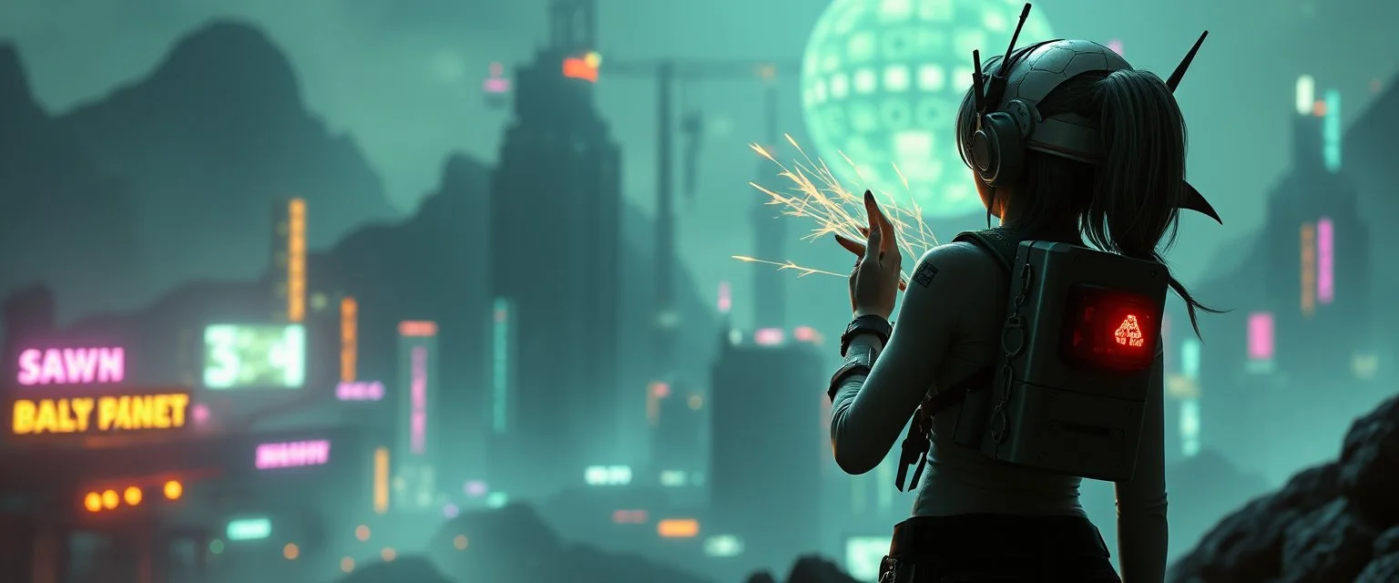 cyberpunk space city, in valley, close up on A space pirate hi class girl with disco ball rocket shooting sparks backpack , Blew a fuse in his hips and short-circuited his bits, The Martian fluffy gremlins went wild, the Plutonians dogs screamed, Even black-and-white aliens turned ultraviolet green! in the style of fallout 4 and HR Giger, background motion blur , and volume fog spot lights