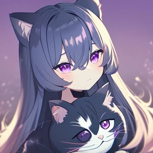 Clear focus, High resolution,a anime kid, rough line skecth, cute, cartoony style, 1girl, black long hair,hair between eyes, cat ears, purple eye, 1 purple streak in haie, half chibi, only head no body