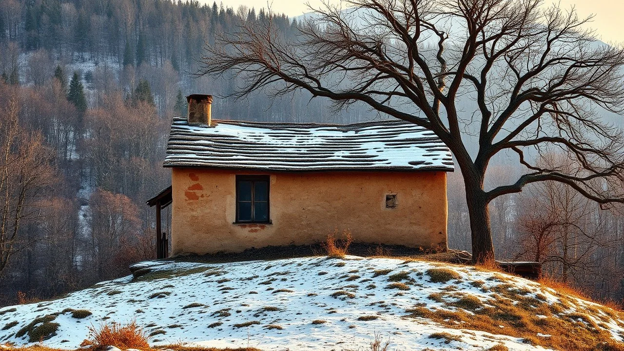 a lonely old adobe hut with worn adobe wall and a small window, a crumbling roof, an old chimney stands on a hill, next to it is a small woodshed by the wall, and an old withered tree leans over the hut, the hut stands on the edge of a European forest, winter, snowy landscape, low light, dawn, high detailed, sharp focus, high realistic, perfect photo