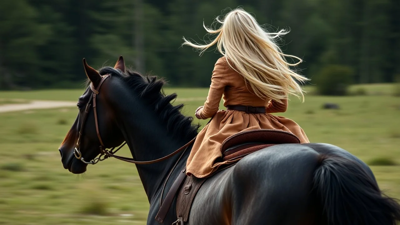 Detail of a blonde rider, from behind, riding without a saddle or bridle on a dark horse at full gallop.