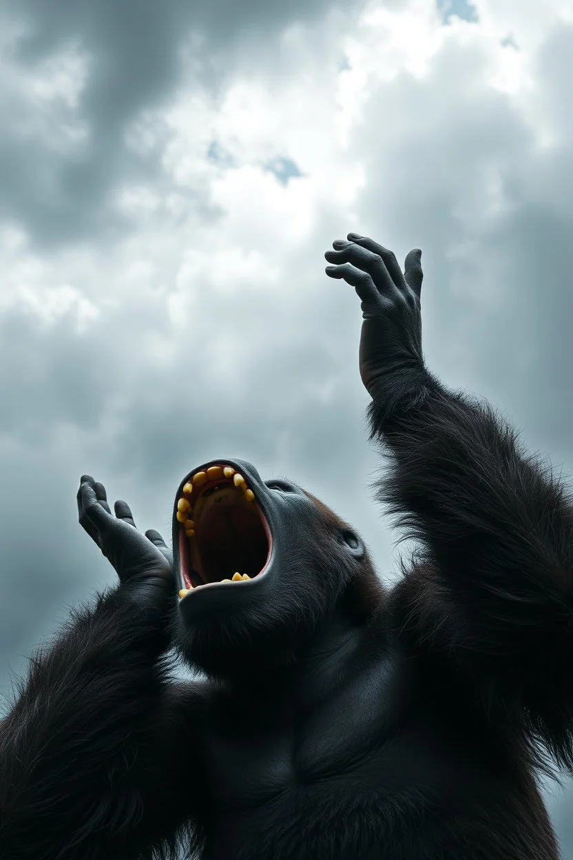 A gorilla open his month in anger , looking up to the sky , raising both hands up like prayer. A cloudy stormy with Ron the sky and the background, 4k, dramatic scene,