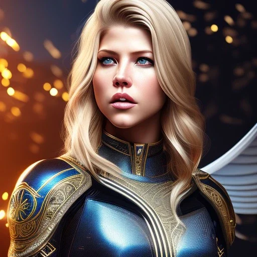 Katheryn Winnick, Cyborg warrior, light blonde hair, pixie hairstyle, cobalt eyes, waist up portrait, 8k resolution, intricate details, ornate details, soft lighting, vibrant colors, masterpiece, intricate eyeliner, dark eyeshadow, eyes, intricate tattoos, gradient background