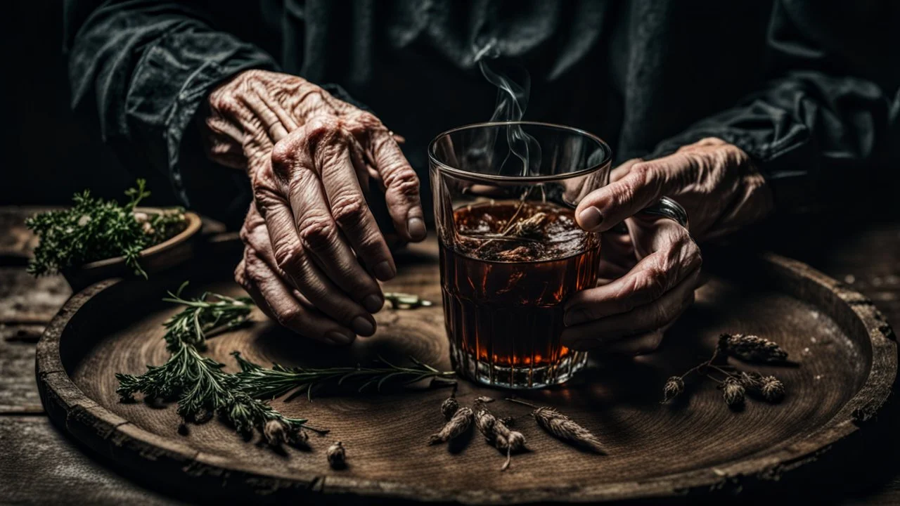 close up photo from an old woman's wrinkled hands holds one brown herb water in vintage water glass with , thriller, sinister , old witch interior, dark mood, perfect photo