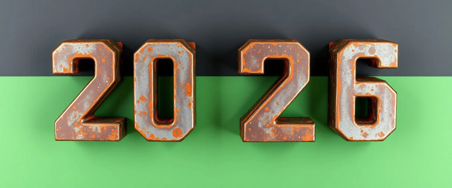 "2026" in squared block letters made of shiny and rusty metal on contrasting background