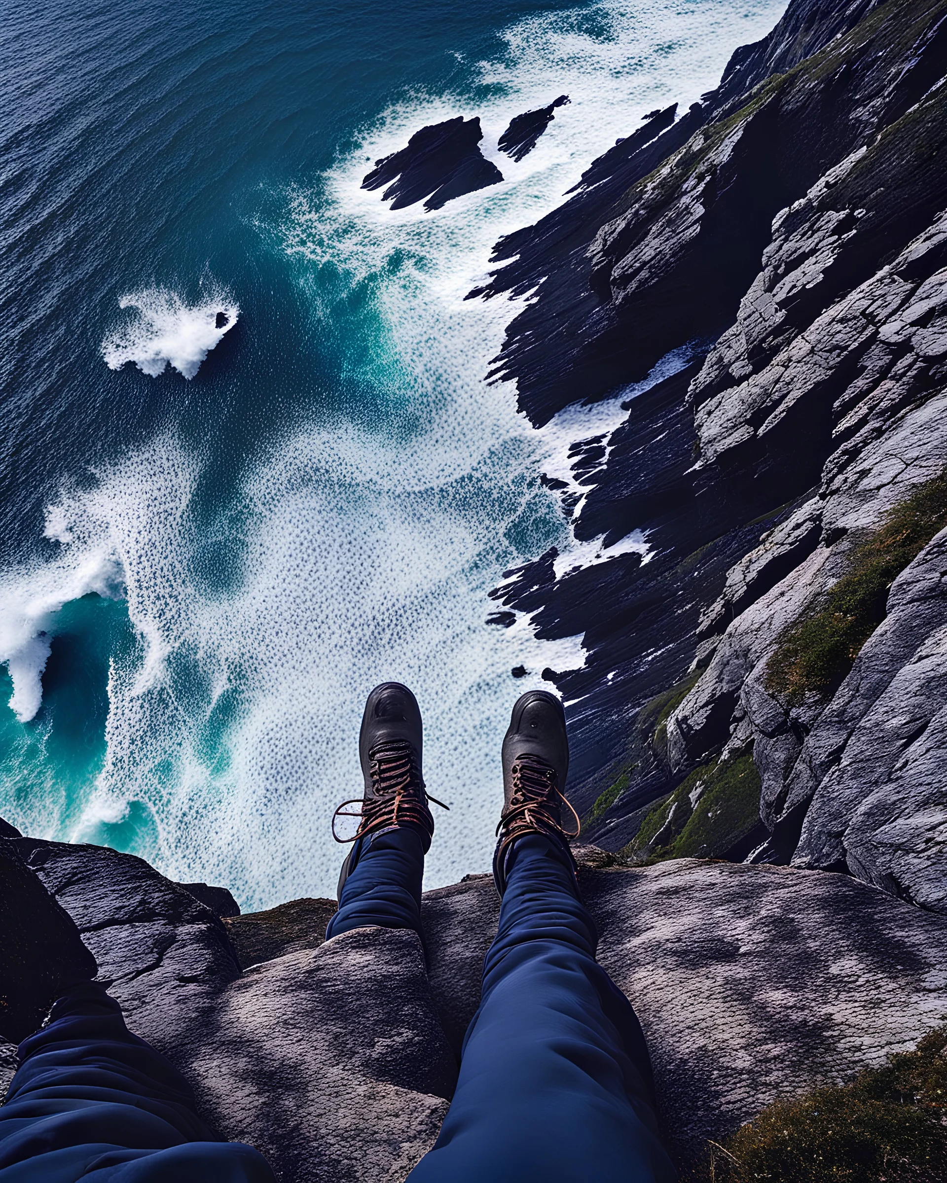 from the point of view of a rock climber, look down at the ocean rocks below as you climb high into the bluffs of ireland. holding on to the cliff face, the ocean below storms and swirls around a giant whirlpool