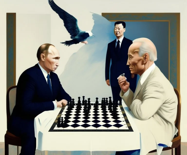 Putin, President Xi Of China And Joe Biden Play Chess With A Pigeon,Complex Surgical Instruments,A Newborn Boy,Minimalism,Painting By Lucian Freud,Rene Magritte,Adrian Ghenie,Michelangelo,Salvador Dali,Pablo Picasso