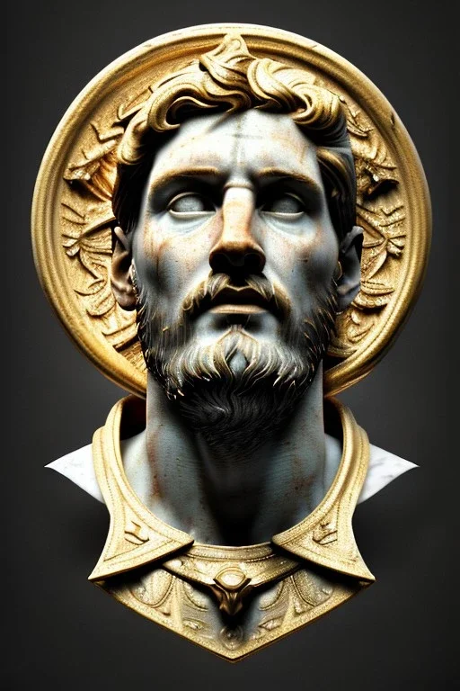 Ultra Realistic image, Roman sculpture, white marble material, Lionel Messi, gold Laurel leaves wreath, renaissance ornaments, one gold star in heart, sun ornament, sun rays background, chisel style, waist up portrait, emperor style, epic, celestial, cinematic lighting, God light, god rays, 4k resolution, smooth details, ornate details, soft lighting, unreal engine 5, art station, substance 3d.