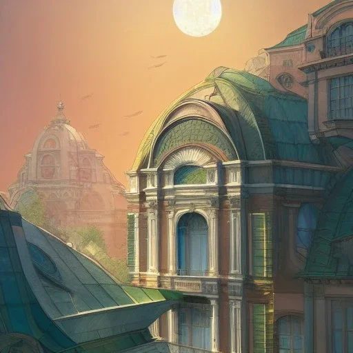 Garden rooftops of Vignola classicism Architecture building with futuristic glass building +detailed facades+highly detailed++ Book illustration by Gediminas Pranckevičius, Jean Baptiste Monge, Brian Kesinger, Anton fadeev, strong lines, high contrast vibrant colors, 16k resolution, trending on behance""