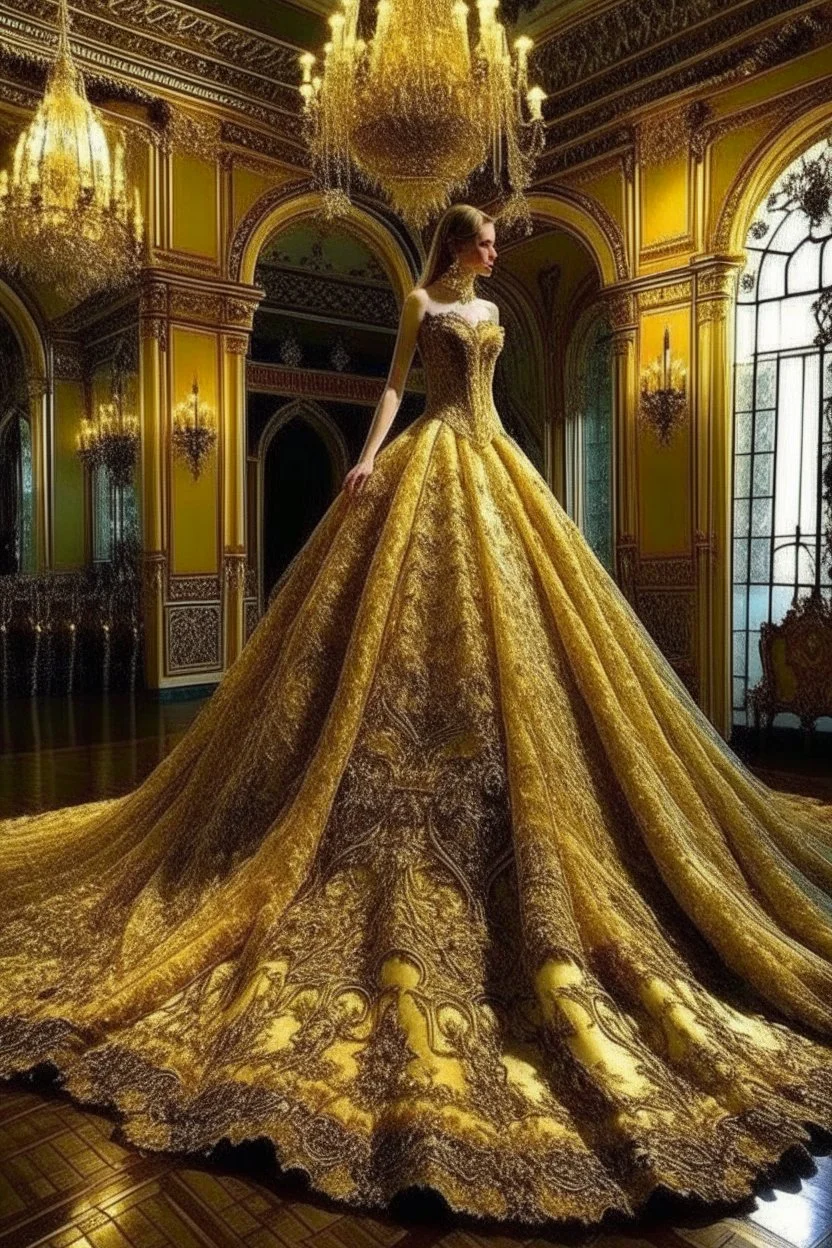 a very royal near easten golden luxurious and big wedding dress