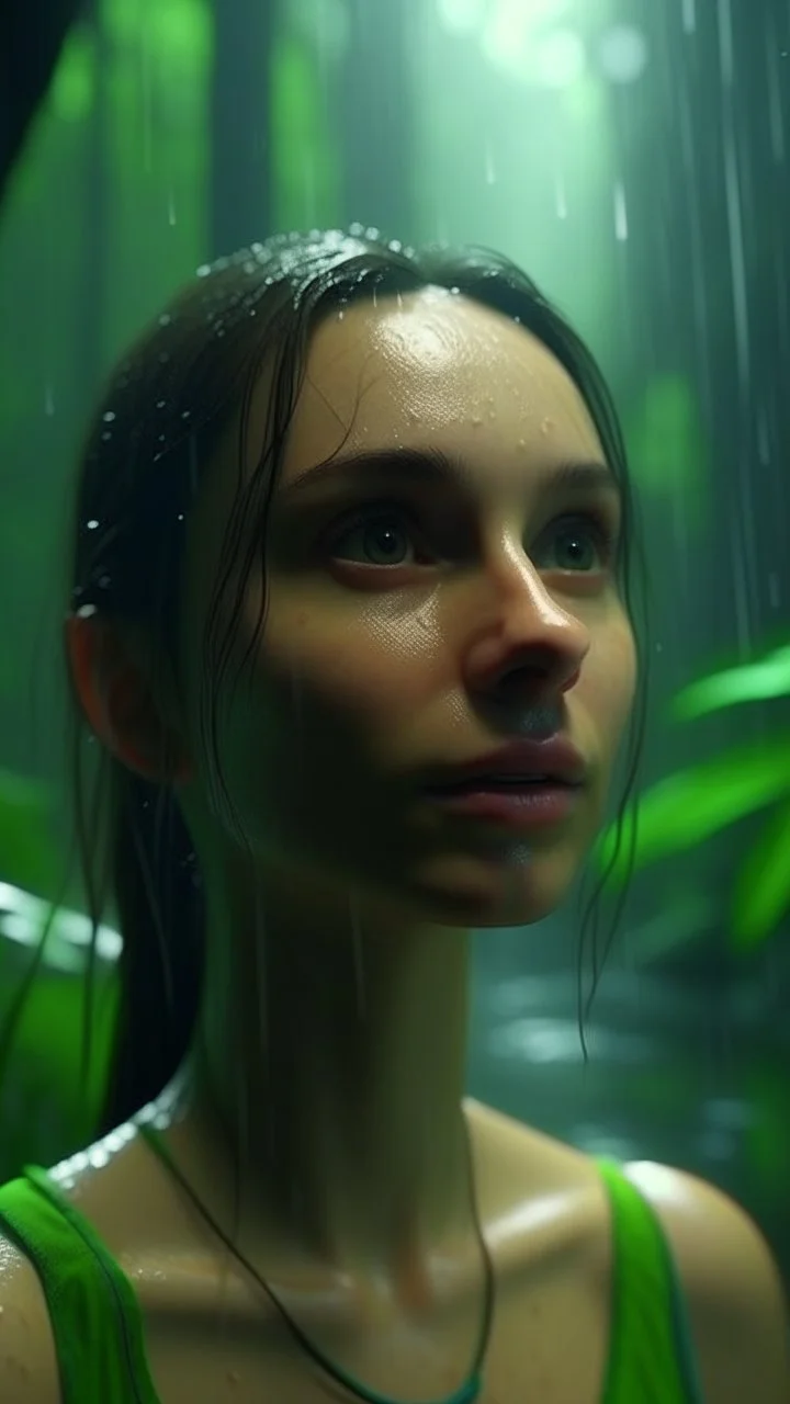 8k photo realistic cinematic potrait of beautiful girl with rain forest inside view photo shot