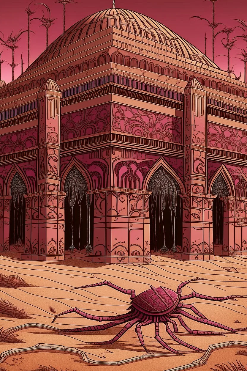 A dark magenta Egyptian spider palace in a desert designed in Bayeux tapestry painted by Giovanni Battista Sassi