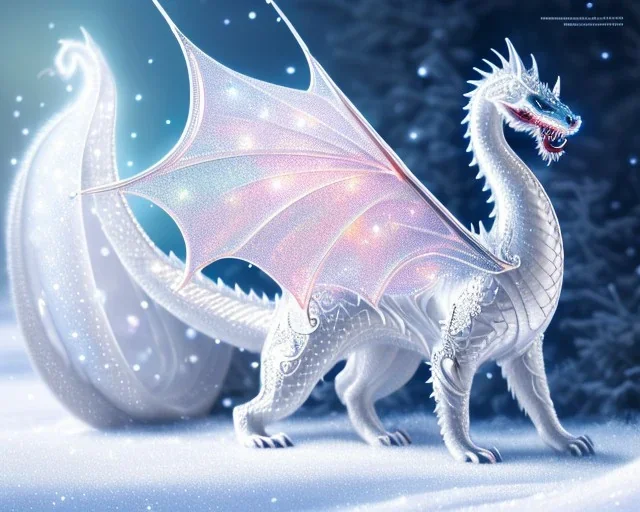 mdjrny-v4 style, a white dragon with fairy-like transparent glowing and sparkly wings standing in snow, full body, silver and teal background, glowing soft and smooth wings, realistic, highly detailed intricately detailed, shiny snowy background, soft studio lighting, trending on artstation, by artist "Julie Bell", by artist "Greg Rutkowski"