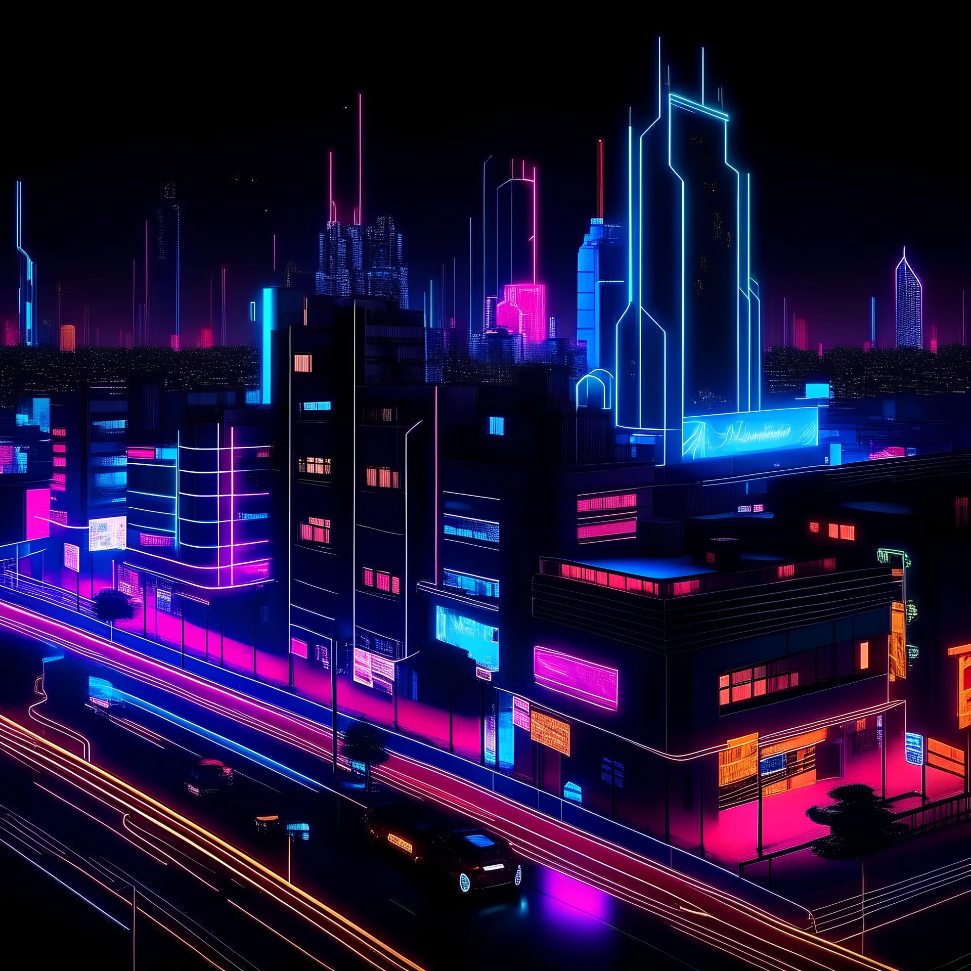 city scape at night with neon lights