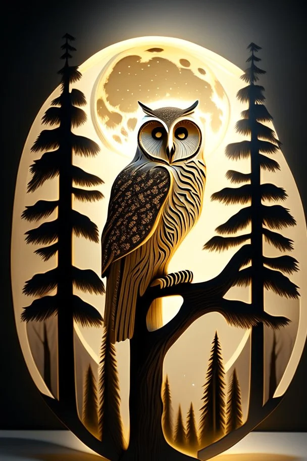 A captivating and mesmerizing 3D render of a striking minimalist silhouette of an owl, transformed into a nighttime scene. The owl's body is filled with a warm golden hue, representing a starlit sky and a radiant full moon. The center features a delicate, flying bird, symbolizing the owl's spirit. Beneath the owl, a serene landscape of pine trees and a resting owl unfolds, creating a sense of tranquility and harmony with nature. This enchanting illustration masterfully blends elements of wildlif