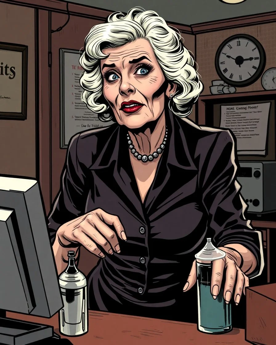 older woman hotel desk clerk from an american comic, horror comic